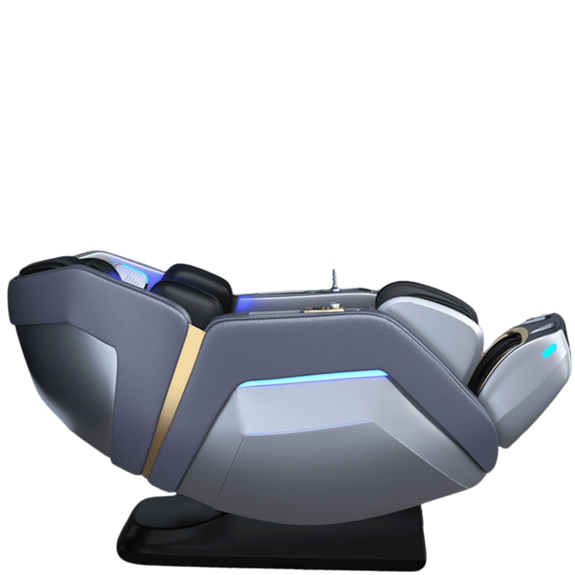 zijaanzicht van grijze massagestoel in zerogravity stand met blauwe verlichting en goudaccent