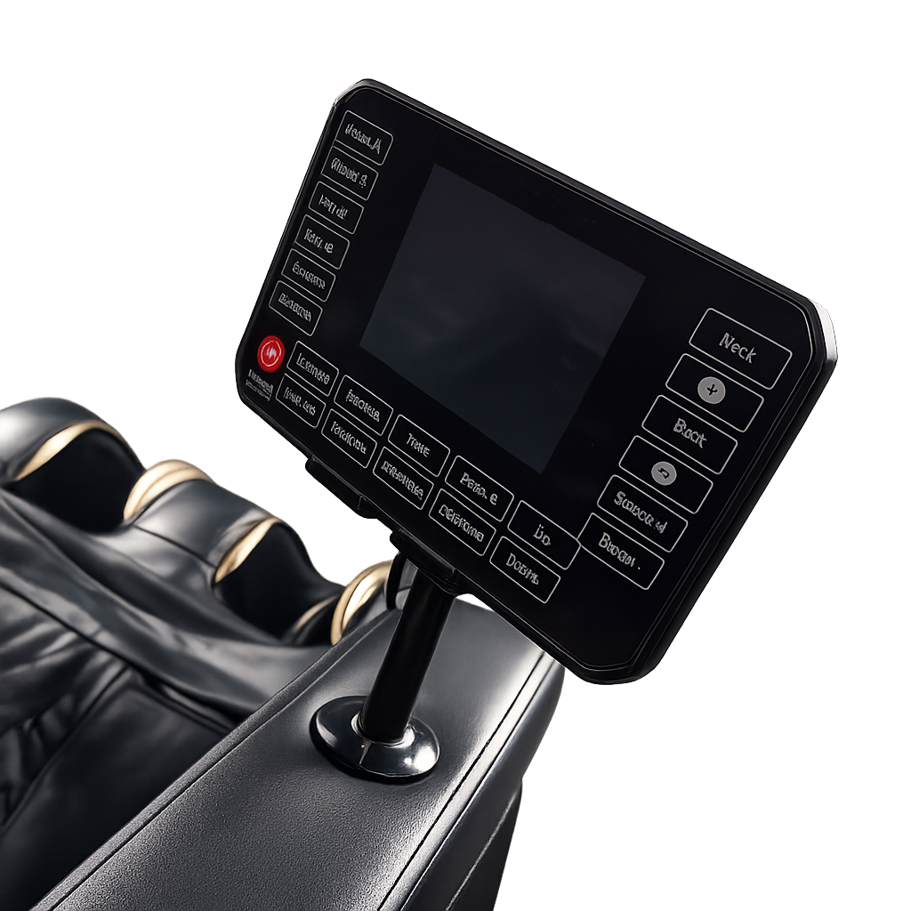 Touchscreen bedieningsscherm van massagestoel op armleuning met instelbare massagezones en programma’s
