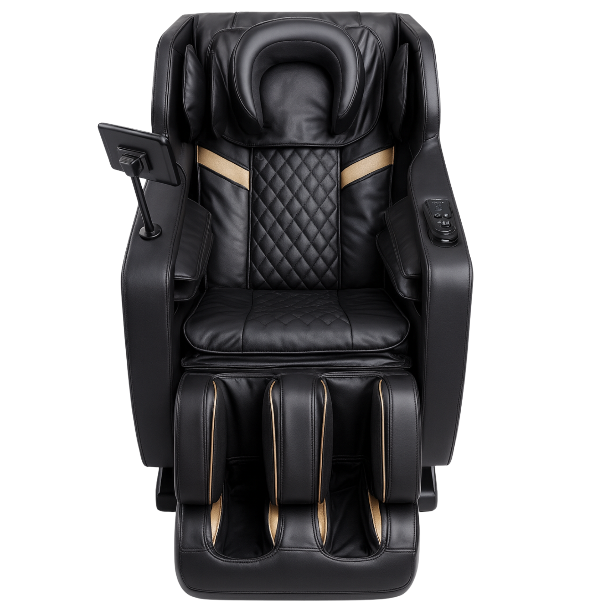 Zwarte luxe massagestoel met armleuningbediening en voetmassage, vrijstaand productbeeld