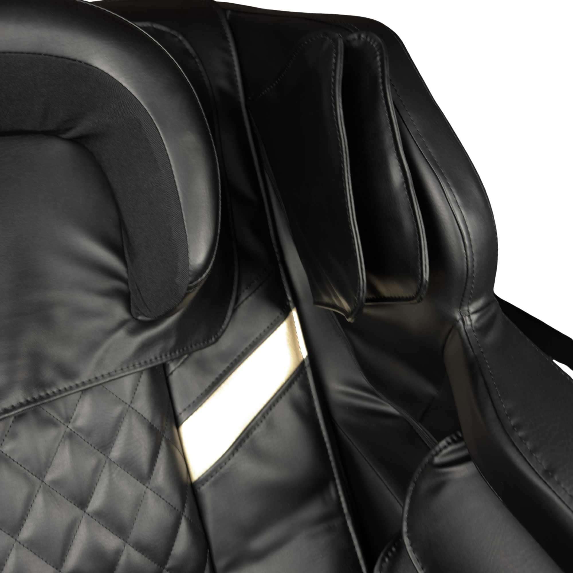 Detail van zwarte massagestoel met schouderkussens en gewatteerde bekleding