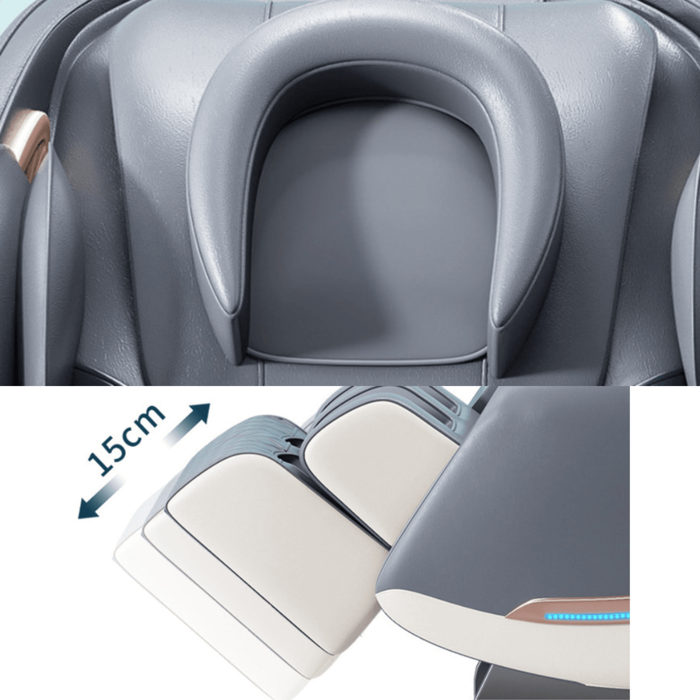 Grijze massagestoel met verstelbare hoofdsteun en uitschuifbare beensteun van 15 cm