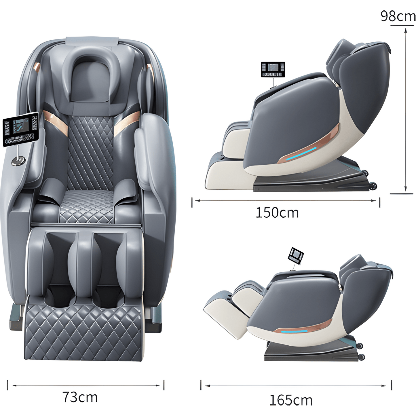 Grijs en crème massagestoel met afmetingen 73 cm breed, 150 tot 165 cm lang en 98 cm hoog