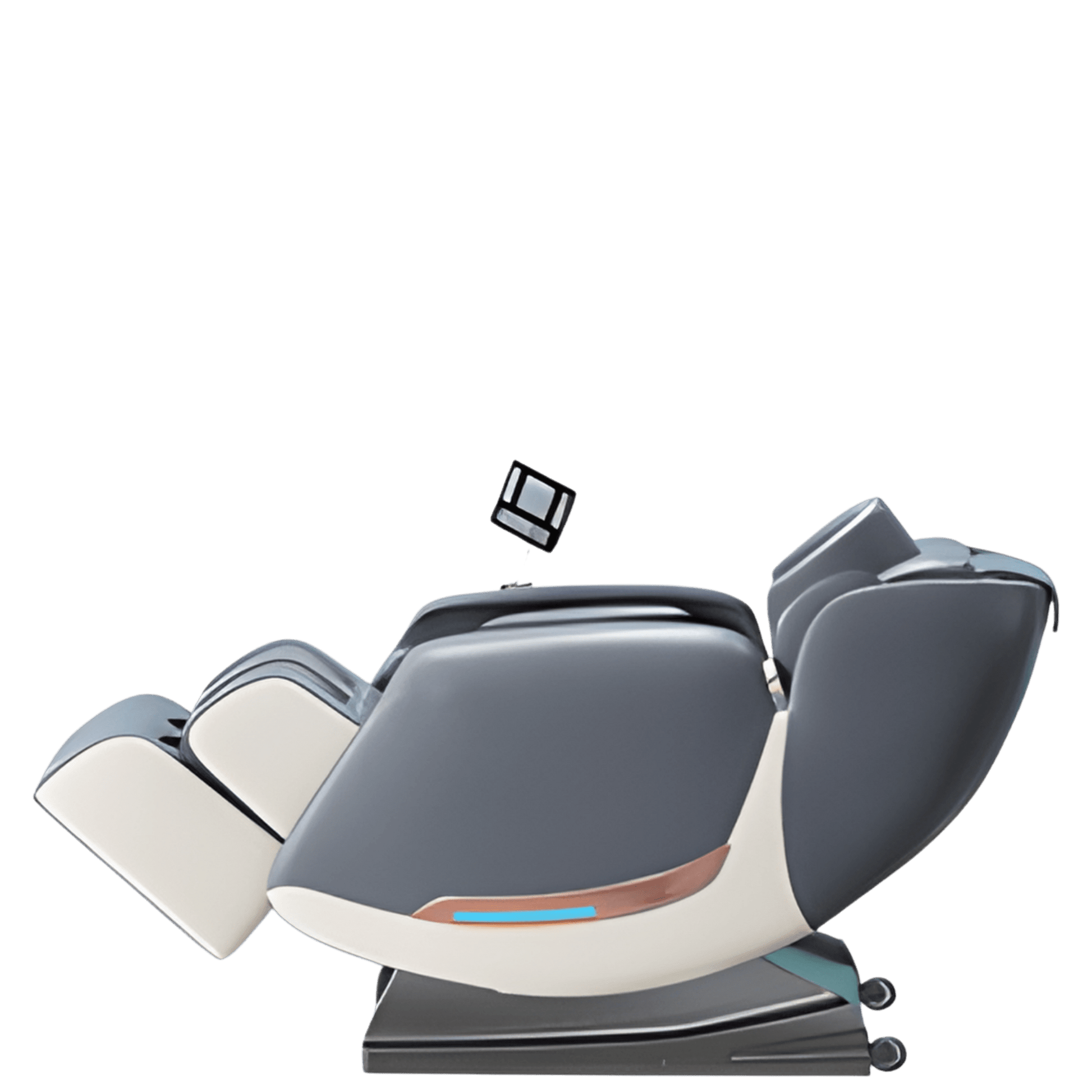 Grijs en crème massagestoel in ligstand met uitgeklapte beensteun en touchscreen