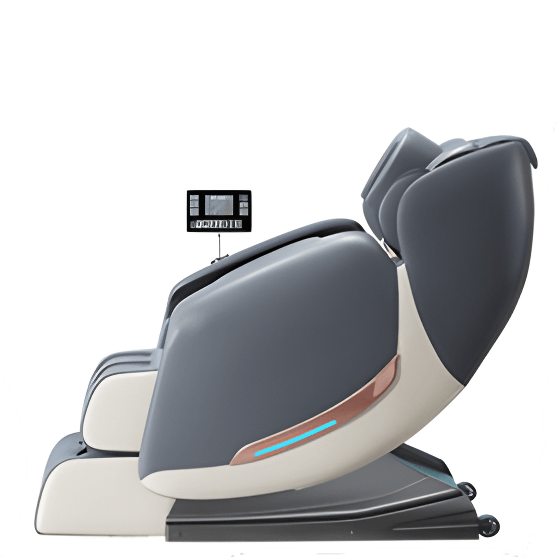 Massagestoel in zero gravity stand met uitgeklapte beensteun, zijaanzicht